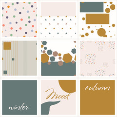 A set of seamless patterns in warm and cold colors. Triangles, circles, lines, polyhedrons. Geometric simple shapes. Place for an inscription. Vector set for textiles, printing on paper.
