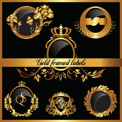Set of luxury decorative labels in a gold frame. Vintage vector labels. Cliparts with branches, flowers, crown. Place for an inscription. Labels for weddings, holidays, invitations, packaging.