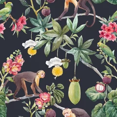 Tapeten Schönes nahtloses tropisches Blumenmuster mit niedlichem handgezeichnetem Aquarellaffen und exotischen Dschungelblumen. Abbildung auf Lager. © zenina