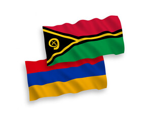 National vector fabric wave flags of Republic of Vanuatu and Armenia isolated on white background. 1 to 2 proportion.