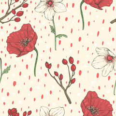 seamless pattern with red and white poppies and red berries