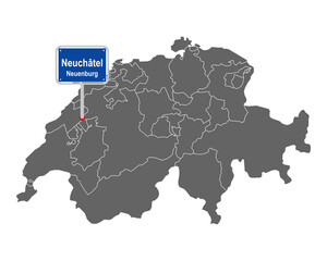Landkarte der Schweiz mit Ortsschild von Neuchâtel