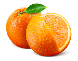 Orange fruit isolate. Wet orange fruit with drops. Whole orang with slice and leaf on white...