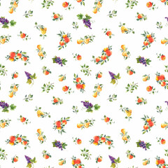 Beautiful vector seamless pattern with hand drawn watercolor tasty summer pear apple grape fruits. Stock illustration.