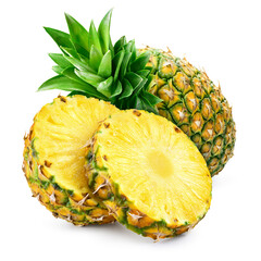 Pineapple isolated. Whole pineapple with round slices and leaves. Whole and cut pineapple on white....