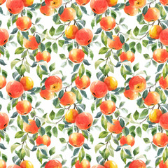 Beautiful vector seamless pattern with hand drawn watercolor tasty summer red apple fruits. Stock illustration.