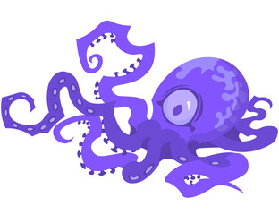 Vector isolated purple - violet funny cartoon octopus with tentacles, isolated on transparent