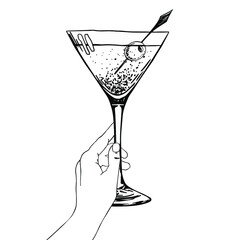 Glass of martini in woman hand. Hand drawn sketch, engraving. Stock vector illustration.
