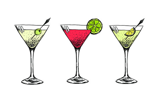 Drinks set. Martini, cosmopolitan, daiquiri. Hand drawn sketch. Stock vector illustration.