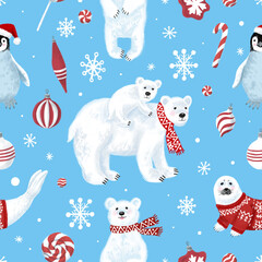 Penguin, seal, polar bear with baby on a blue background. © Lady Natali