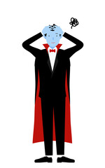 ハロウィンの仮装、バンパイア姿の男性が頭を抱えて困っているポーズ