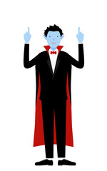 ハロウィンの仮装、バンパイア姿の男性が両手で指さしをするポーズ