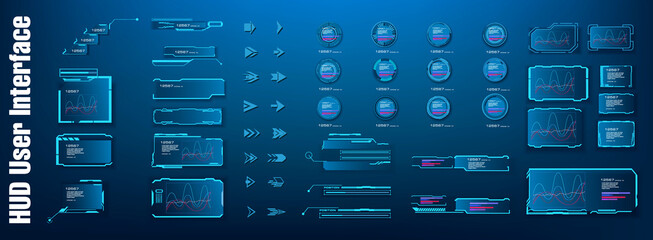 Futuristic user interface elements button, frame, arrow. Holographic elements of the hud user interface, futuristic hologram panels with windows  HUD elements display  © PALERM089