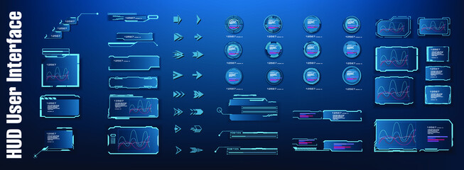 Futuristic user interface elements button, frame, arrow. Holographic elements of the hud user interface, futuristic hologram panels with windows  HUD elements display  © PALERM089