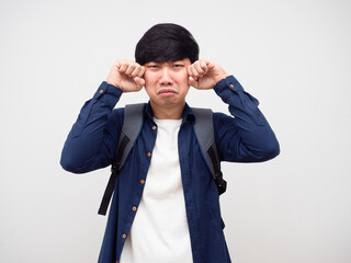 Man with school bag crying dont want go back to school sad emotion white background