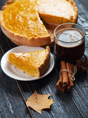 Sweet dessert pumpkin autumn pie. Traditional homemade cakes on Thanksgiving or Halloween