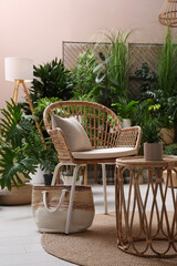 Room interior with stylish furniture and different houseplants