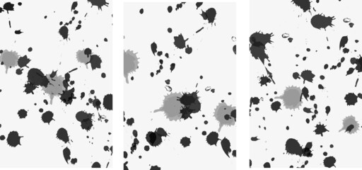 Collection of modern minimalistic simple abstractions (posters) with ink blots (blots) on gray background