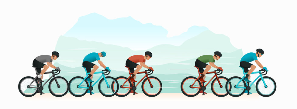Cycling tournament. Cyclists chase the leader of the race. The head of the peloton. The cyclist is trying to break away from pursuers. Vector flat design banner panoramic illustration isolated