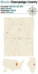 Large and detailed map of Champaign county in Illinois, USA.