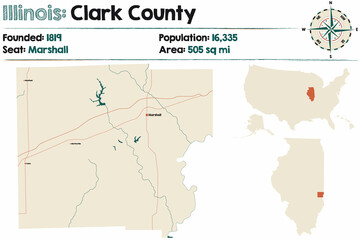 Large and detailed map of Clark county in Illinois, USA.