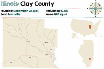 Large and detailed map of Clay county in Illinois, USA.