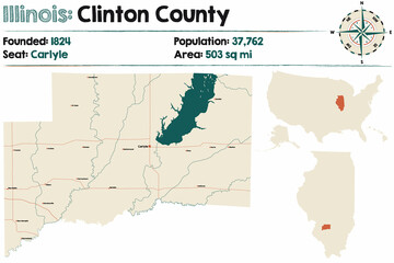 Obraz premium Large and detailed map of Clinton county in Illinois, USA.