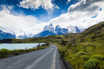 Amazing mountain landscape with Los Cuernos rocks and Lake Pehoe in Torres del Paine national park, Patagonia, Chile