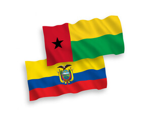 National vector fabric wave flags of Republic of Guinea Bissau and Ecuador isolated on white background. 1 to 2 proportion.