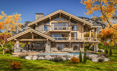 Fototapeta na wymiar 3d rendering of modern cozy chalet with pool and parking for sale or rent. Beautiful forest mountains on background. Massive timber beams columns. Clear sunny autumn day with golden leaves anywhere.
