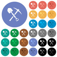 shovel and pickaxe round flat multi colored icons