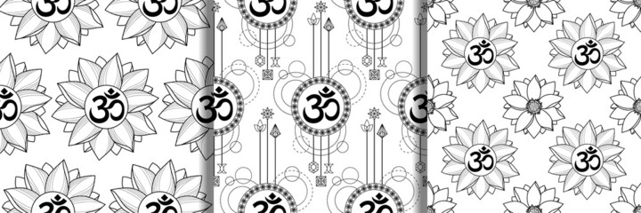 Mantra Om and Lotus seamless patterns set - obrazy, fototapety, plakaty