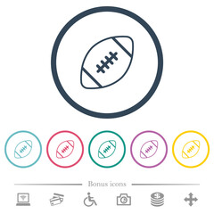 Rugby ball outline flat color icons in round outlines