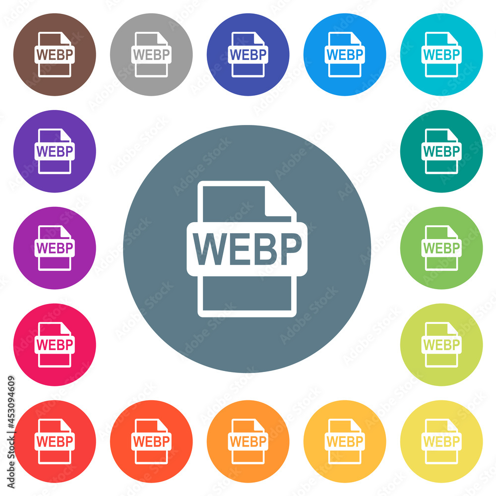 Poster webp file format flat white icons on round color backgrounds
