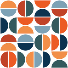 Seamless geometric Mid Century inspirational pattern with colorful (orange, navy blue, light blue, red, turquoise) semicircles decoration on white background - 453094604