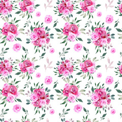 Watercolor seamless pattern. Floral design with greenery. Seamless design for backgrounds, prints, etc.