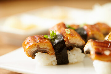 Eel sushi on a plate 