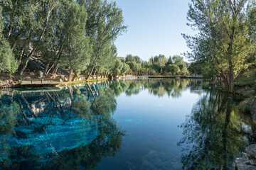 Fototapeta premium Gorgeous Gökpınar pond and picnic park with its clear turquoise water and underwater plants in green natüre area. Sivas - Gürün TURKEY