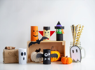 Concept celebrating fun Halloween. Decor for the holiday at home from paper crafts with children.
