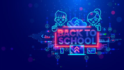 Online education of children on computer through internet web platform. Back to school. Technology remote study or learning of kids. Banner of digital studying. Boy and girl look at webinar on laptop