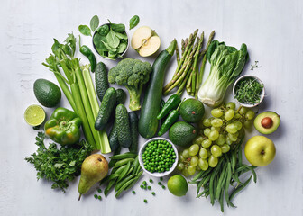 Composition of various healthy green fruits and vegetables