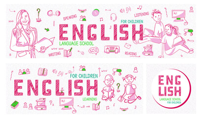 Set of horizontal panoramic banners for Children's Language course. Teach or learn English. Back to school illustration with red outline icons, symbols, signs on white background. Line art, vector