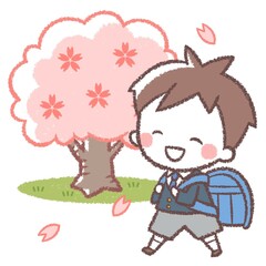 ランドセルを背負う男の子とサクラの木