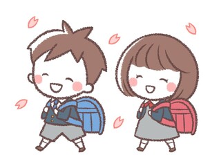 ランドセルを背負う男の子と女の子とサクラの花びら