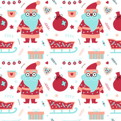 Bright Christmas seamless pattern with Santa, sleigh and gifts. Ideal for creating Christmas gift wrapping, textiles and other printed products. Original design. Flat style. Cute character. 
