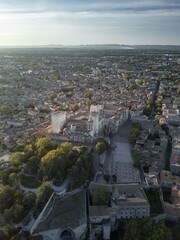Palais des Papes in Avignon under the sunrise, Drone Aerial, France