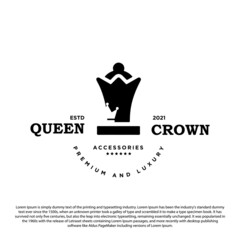 Creative crown and queen chess logo design. queen crown logo vintage vector illustration