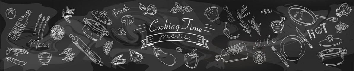 Drawing with chalk on a blackboard with vegetables and kitchen utensils, cook