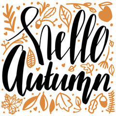 Hello Autumn lettering phrase with doodle decoration leaves elements. Isolated vector calligraphy