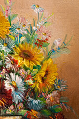 Close of fragment of vintage oil painting depicting still life of flowers in vase. Macro impasto painting.